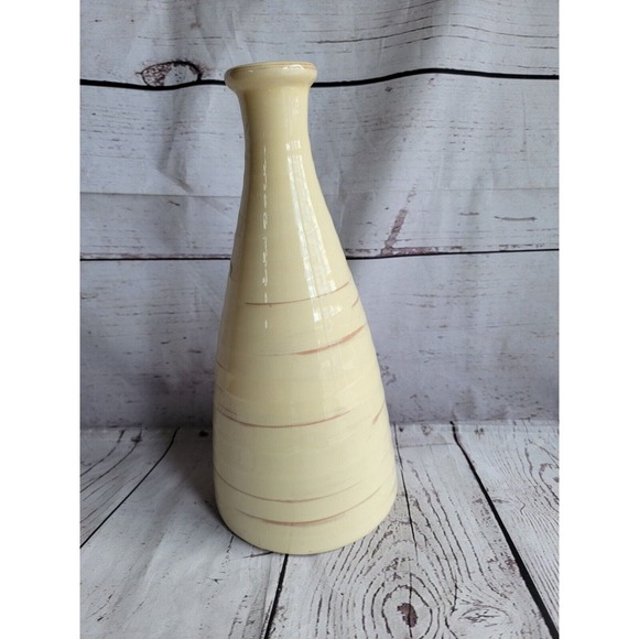 Ethan Allen Pottery Cream Colored Brown Streaks Ribbed Vase Made In Italy 12 In - Picture 3 of 7